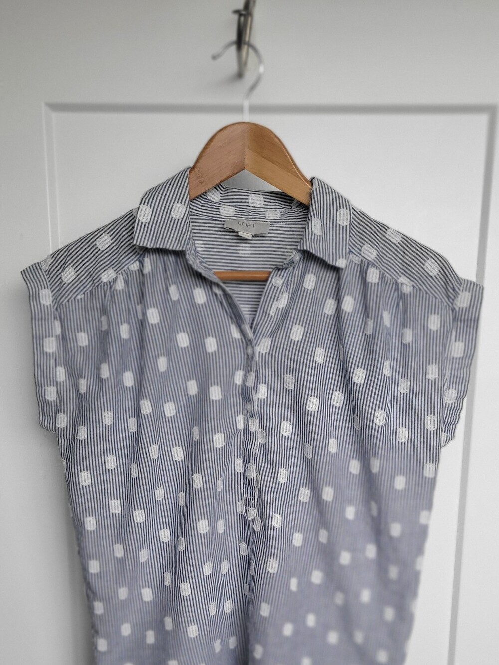 LOFT Blue and White Striped Polka Dot Button-Down Shirt